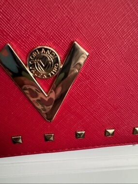 Valentino Orlandi Red Shoulder Bag with Gold V and Stud Accents